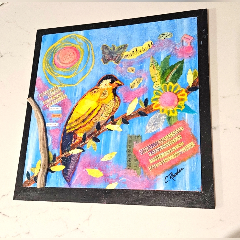 Colorful Bird Art on Canvas Mixed Media Signed